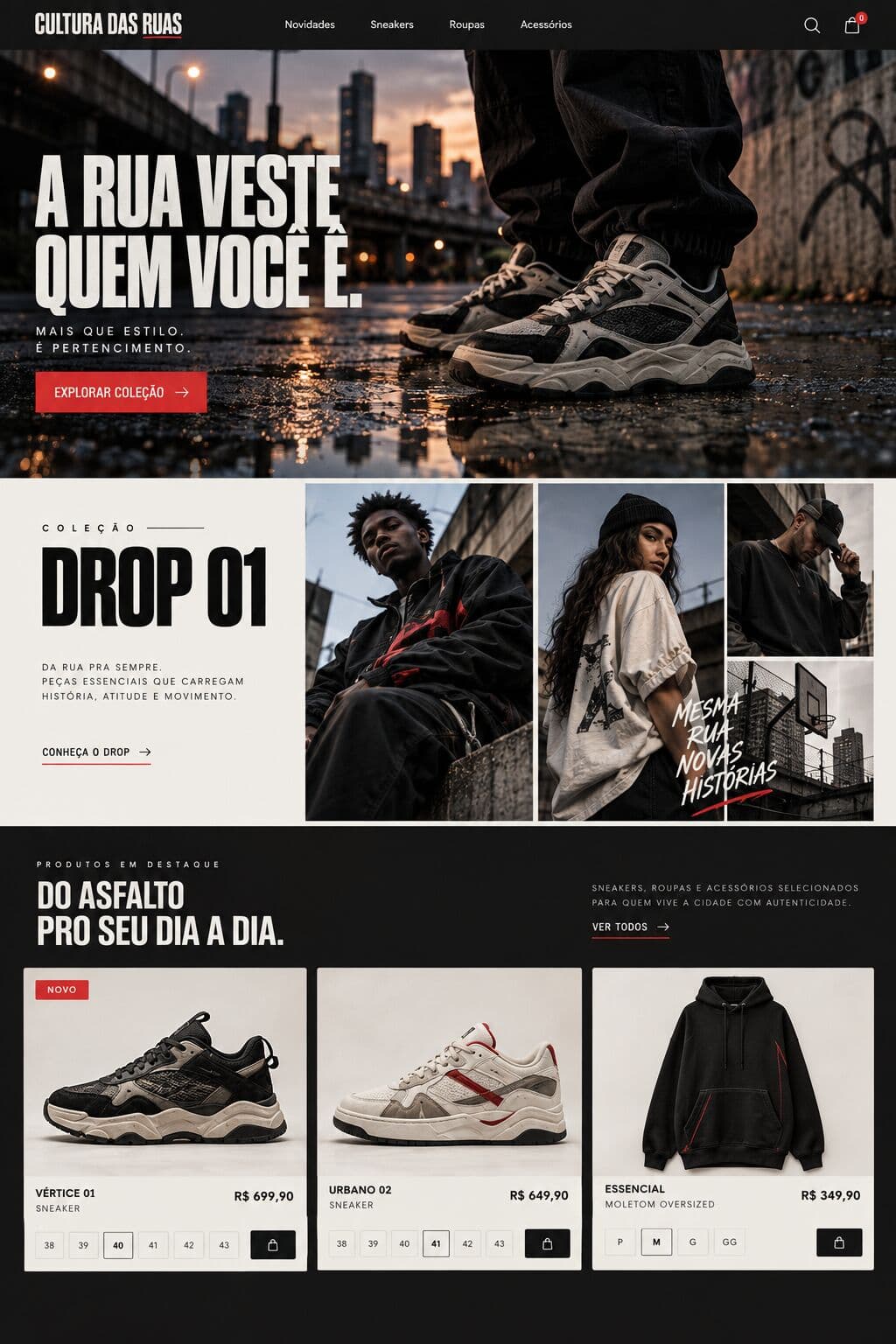 Conceito desktop — campanha, Drop 01 e catálogo