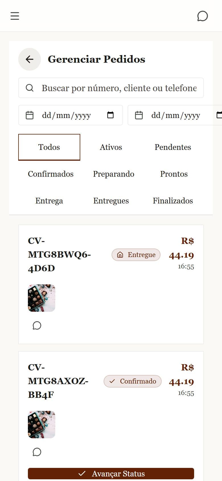 Operação no Celular — Monitoramento de pedidos em trânsito
